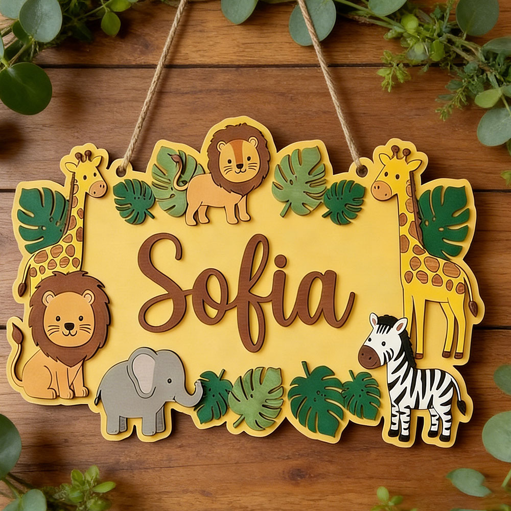 Baby Nursery Yellow - Targa Personalizzata Safari con Nome, Graziosa