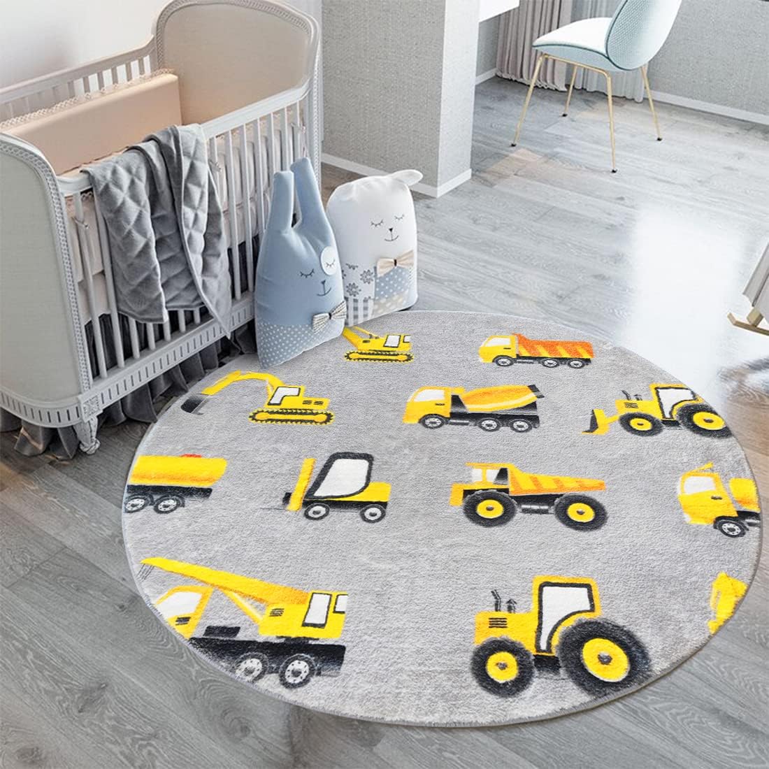 Baby Nursery Yellow - Tappeto Rotondo Grigio con Veicoli da
