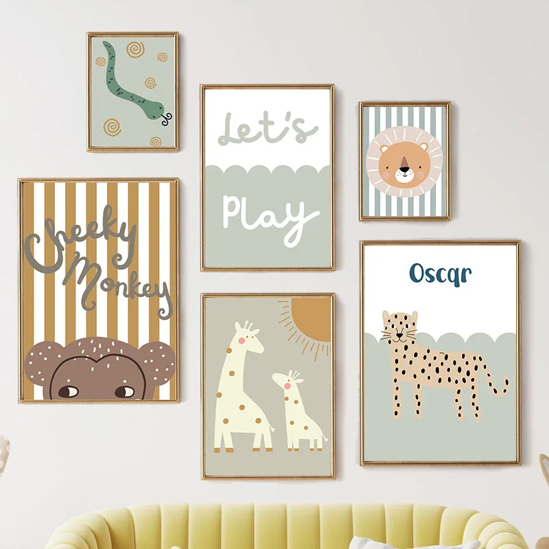 Baby Nursery Animal Pictures - Cartoon Giraffa Leopardo Leone Scimmia Serpente